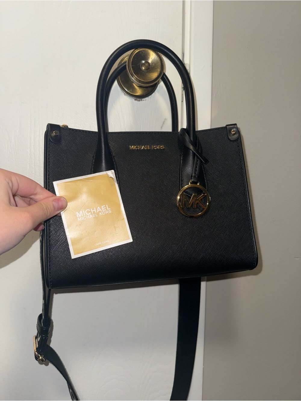 Michael Kors Black Leather Satchel with Gold MK Charm